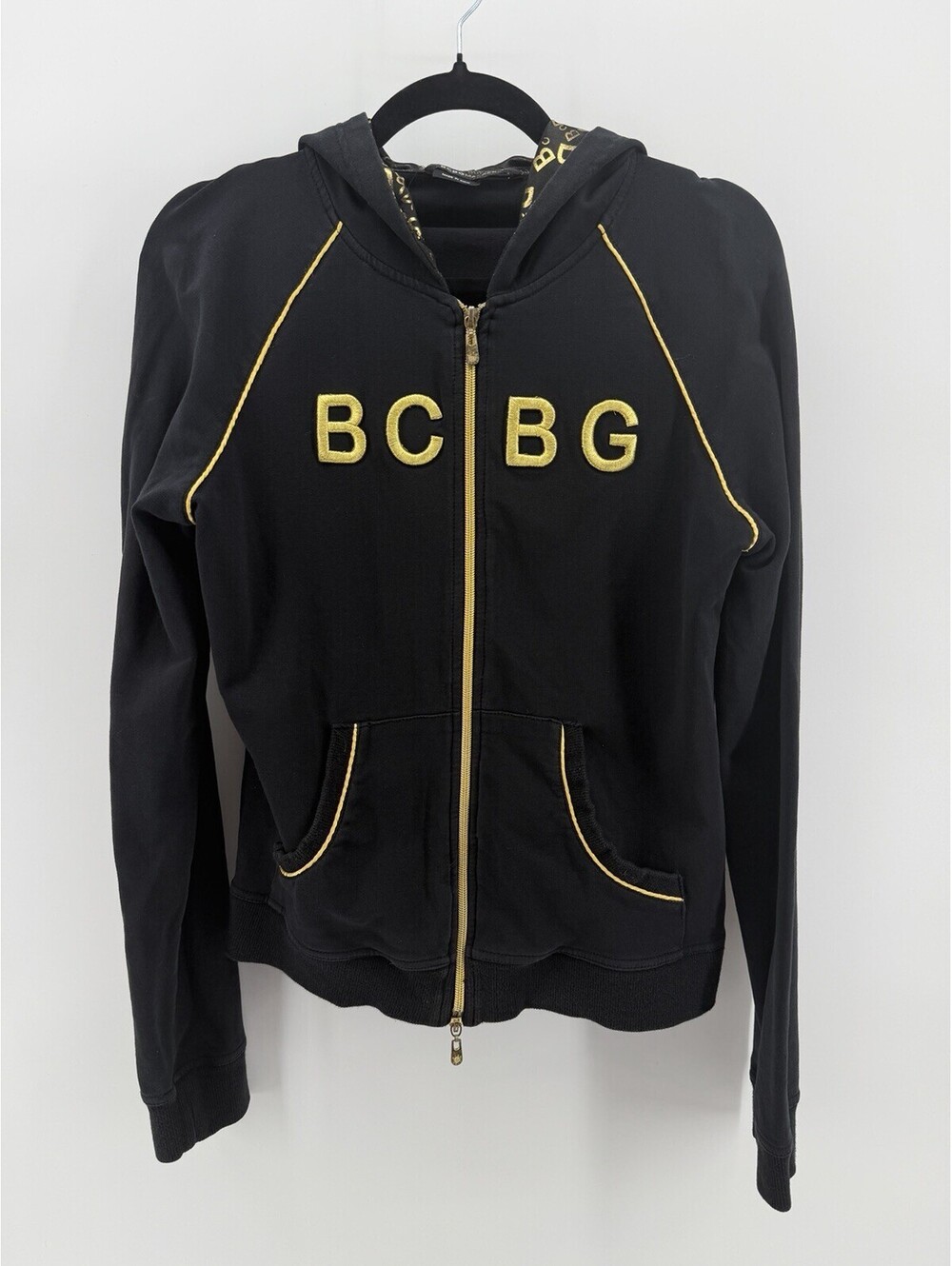 BCBG Max Azria Black Gold Logo Zip Up Hoodie Jacket Size L Y2K